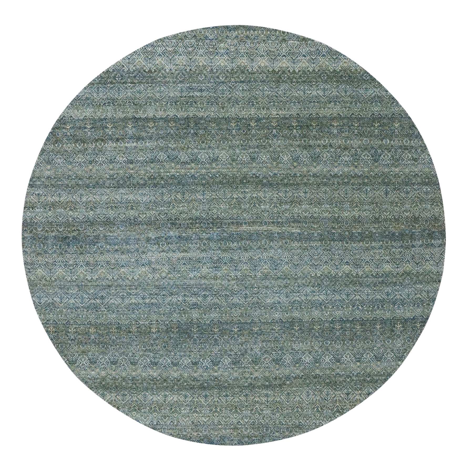 Ocean Blue, Hand Knotted, Kohinoor Herat Pattern, Small Geometric Repetitive Diamond Design, Soft Wool, Tone on Tone, Round, Oriental Rug